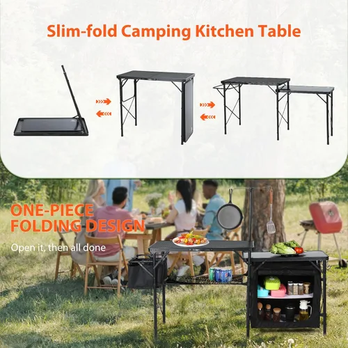 Miniatura 6 de Nice C Mesa de cocina de campamento, estación de cocina plegable portátil, organizador de almacenamiento, con postes de luz, almacenamiento, bolsa