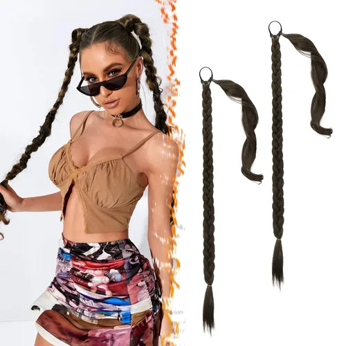 Miniatura 14 de Barsdar Extensión de 26 Pulgadas de Cola de Caballo Trenzada Larga con Banda Elástica - Extensiones de Cabello en Cola de Caballo Recta y Elegante