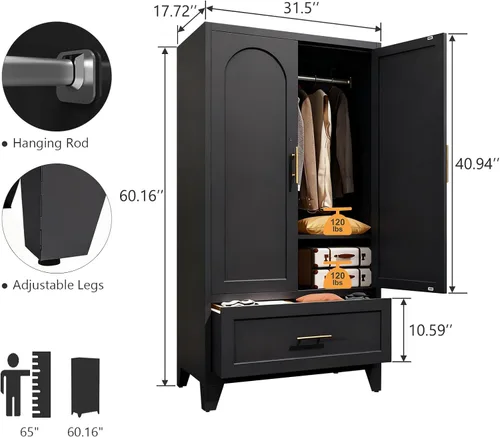 Miniatura 2 de Armario Ropero de Metal de 60" con 1 Cajón, Closet Alto Independiente Arqueado de 2 Puertas para Almacenamiento de Ropa con Estantes Ajustables