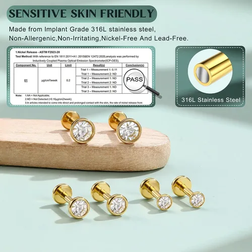 Miniatura 8 de GEMQUEEN Aretes tipo dormilona plana: aretes de acero quirúrgico de titanio rellenos de oro de 14 quilates, hipoalergénicos para mujeres y hombres