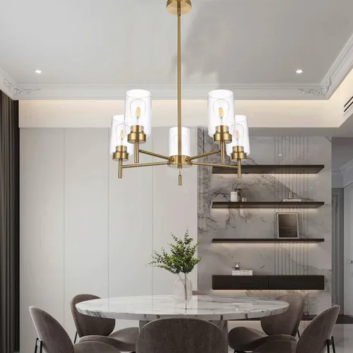 Miniatura 5 de Candelabro de granja de 5 luces para comedor, isla de cocina, modernos candelabros colgantes de latón cepillado con pantallas de vidrio transparente
