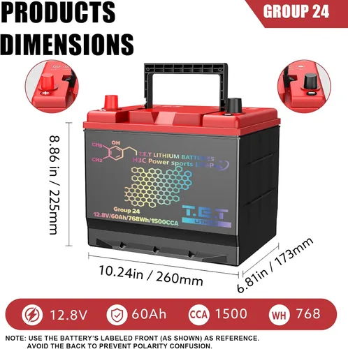 Miniatura 2 de TET - Baterías de arranque y parada para coche BCI Group 24, batería automotriz sin mantenimiento, 12.8 V, 60 Ah, 768 Wh 1500 CCA