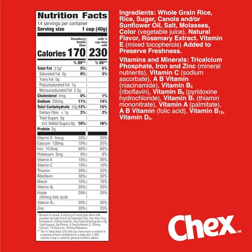 Miniatura 2 de Cereal Chex de Fresa y Vainilla, cereal para el desayuno sin gluten, hecho con grano integral, tamaño familiar, 19.8 onzas