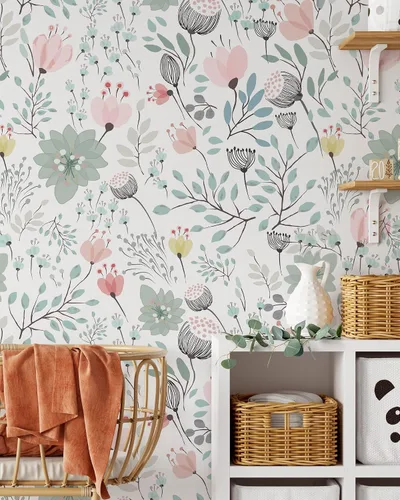 Miniatura 5 de Papel tapiz floral pastel, papel tapiz botánico autoadhesivo extraíble, papel tapiz floral para despegar y pegar