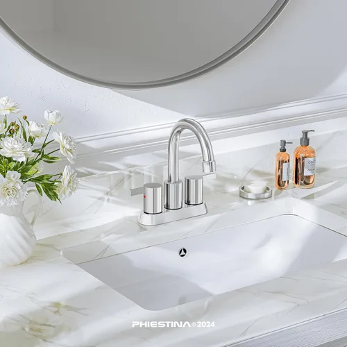 Miniatura 2 de Phiestina Grifo de Baño de 4 Pulgadas Centerset 2 o 3 Agujeros 2 Manijas Cromado Sin Plomo, Caño Giratorio con Desagüe Emergente de Cobre y 2 Líneas