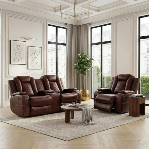 Miniatura 28 de Juego de sofá reclinable eléctrico, sofá reclinable de cuero de aire con LED/portavasos/almacenamiento, 2 muebles de sala de estar, sofá de cuero