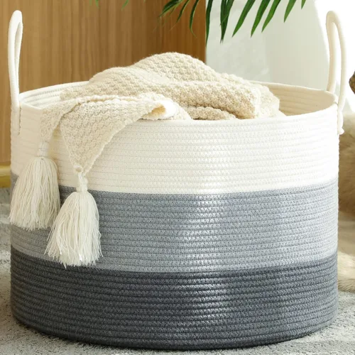 Miniatura 24 de KAKAMAY Cesta grande para manta (20 x 13 pulgadas), cestas tejidas para almacenamiento de ropa sucia de bebé, canasta de manta de cuerda de algodón