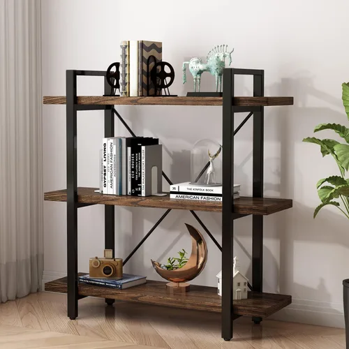 Estantería de 3 niveles moderna rústica abierta, estantería de oficina de madera maciza, estanterías de madera y metal, unidad de estanterías,