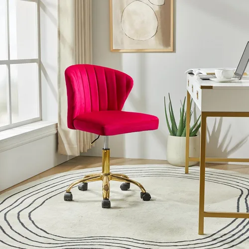 HULALA HOME Silla de escritorio de oficina en casa con ruedas doradas, pequeña y linda silla de tocador con respaldo para dormitorio, silla de Fucsia