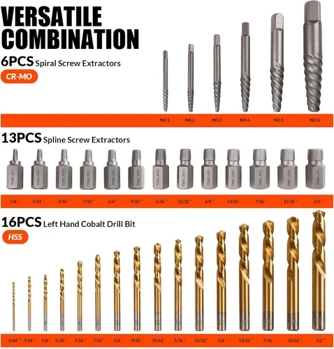 Miniatura 2 de Coobeast - Juego de 35 extractores de tornillos y brocas izquierdas, kit de extractor de tornillos fácil de sacar con broca inversa de acero HSS