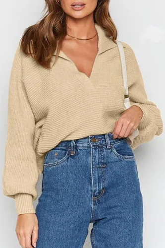 Miniatura 4 de CHYRII - Suéter de punto tipo polo con manga larga abombada y cuello en V para mujer, extra grande