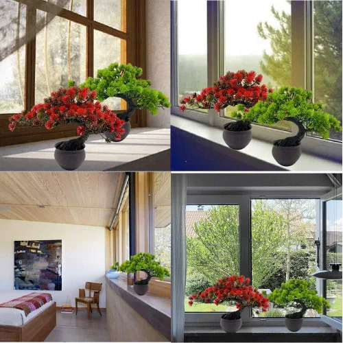 Miniatura 6 de Plantas artificiales bonsái enebro artificial en maceta de pino japonés sintético bonsái simulación de bonsái artificial para el hogar oficina Rojo