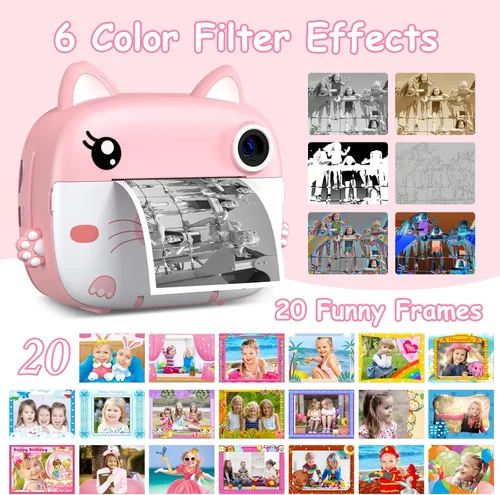 Miniatura 5 de Cámara para niños con impresión instantánea, cámaras instantáneas para niños con pantalla HD de 3.0", regalos de Navidad y cumpleaños para niños