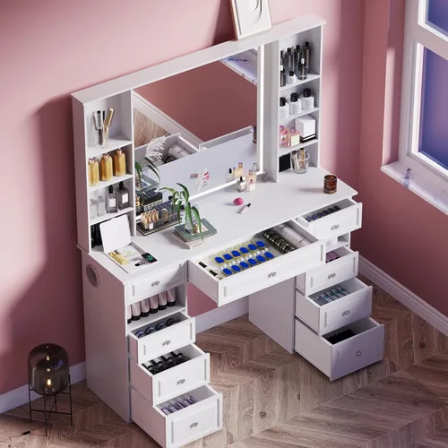 Miniatura 2 de Escritorio de tocador con espejo y luces, escritorio de maquillaje con caja de máscara facial, tocador con altavoz Bluetooth, juego de tocador