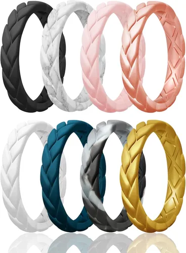 Miniatura 54 de Egnaro Anillos de boda de silicona para ella, conjuntos de novia de goma para mujer, bandas finas, diseño trenzado de hojas apilables con ranuras
