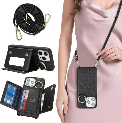 Miniatura 20 de Funda para iPhone 14 Plus con tarjetero y correa para mujer, cordón cruzado, espejo de maquillaje, soporte de anillo, cierre a presión, bonitas Rosa