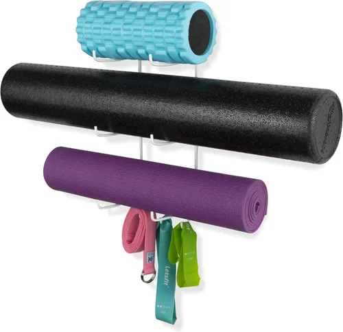 Wallniture Guru - Rodillo de espuma y toallero de pared con 3 ganchos para colgar correa de yoga y bandas de resistencia, metal de 3 secciones Blanco