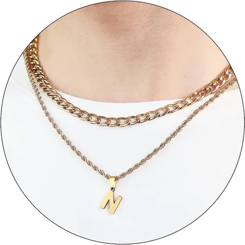 Miniatura 46 de SENRAN Collar con inicial en capas de la A a la Z para hombre, cadena de cuerda torcida de acero inoxidable de 18 a 20 pulgadas, dije de letra