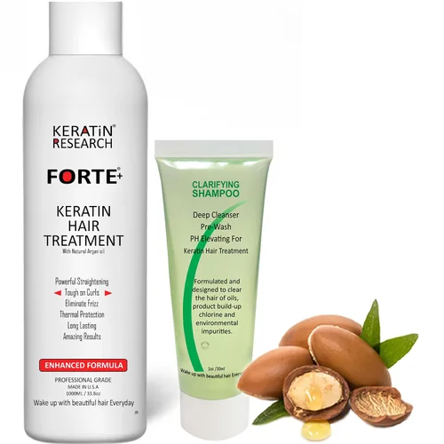 Keratin Forte - Tratamiento brasileño con champú clarificante, fórmula extra fuerte de 4.1 fl oz para cabello rizado con aceite de argán marroquí