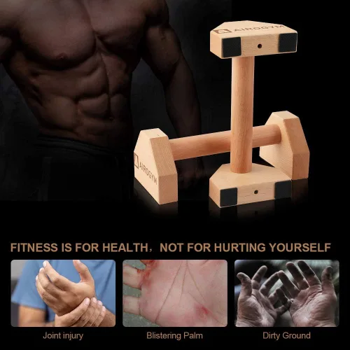 Miniatura 6 de Soporte de flexión, 2 barras de madera para flexiones, base antideslizante, equipo de entrenamiento en casa, 11.8 pulgadas, mango de paraletas