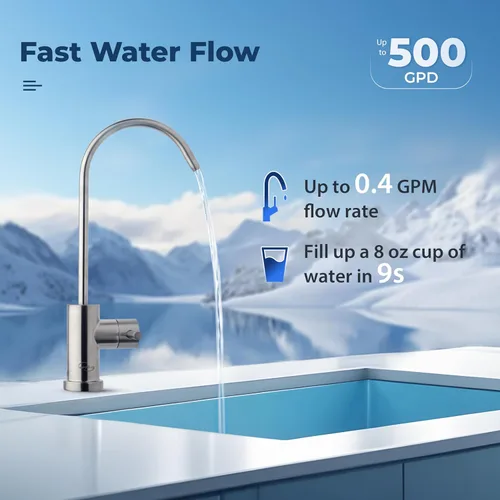 Miniatura 8 de iSpring RO500-BN, Sistema de filtro de agua por ósmosis inversa sin tanque, certificado NSF, 500 GPD de flujo rápido, grifo de níquel cepillado