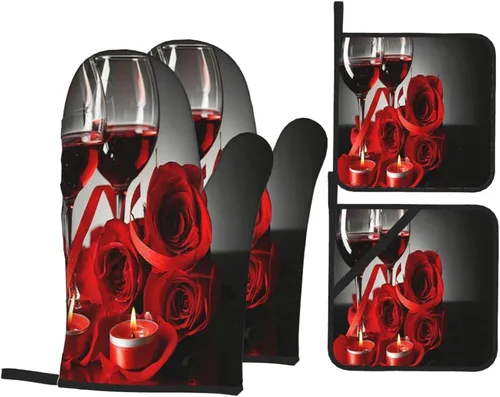 Juego de 4 guantes de horno para copas de vino y velas de vino y soportes para ollas, juego de guantes de cocina resistentes al calor para cocina,