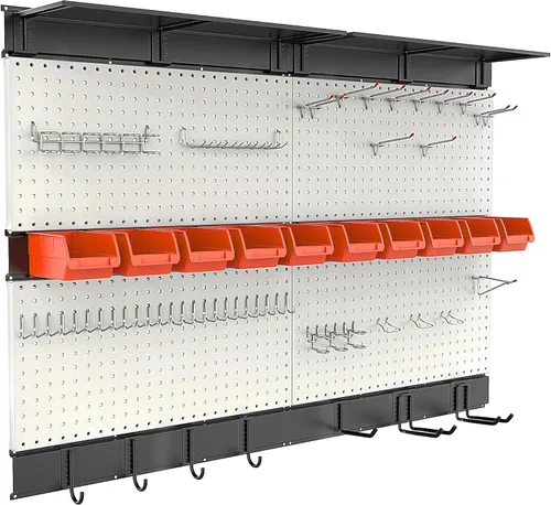 Organizador de pared perforado Ultrawall, tablero de clavijas de 48 X 36 pulgadas para almacenamiento de garaje con ganchos, contenedores de Gris