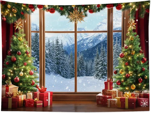 Miniatura 5 de LB Tapiz de Navidad de invierno, ventana de invierno exterior, pino nevado en bosque, tapiz de pared para dormitorio, paisaje de montaña, arte