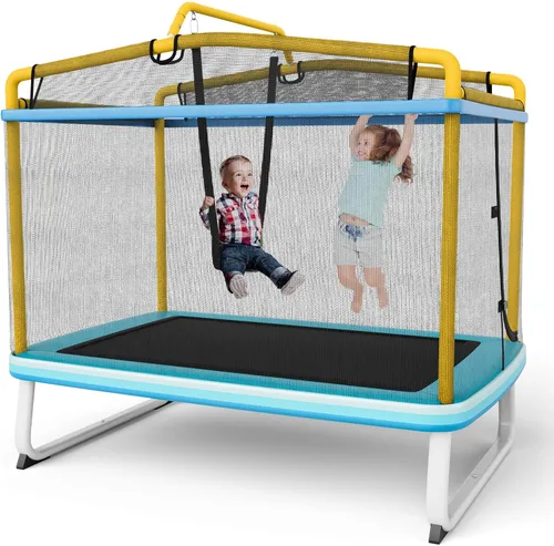 GYMAX Trampolín para niños, trampolines recreativos aprobados por ASTM de 75 pulgadas con columpio, barra horizontal y red de recinto, mini Amarillo
