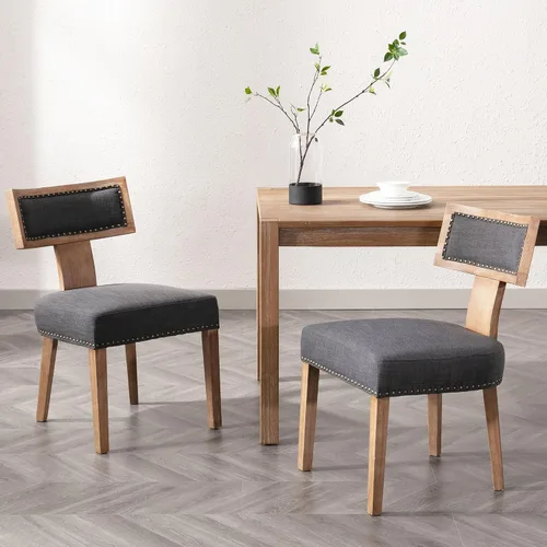 Miniatura 24 de VESCASA Sillas de comedor tapizadas de lino con patas de madera natural, modernas sillas de comedor acolchadas con ribete de cabeza de clavo
