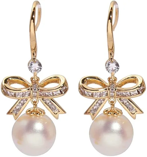 MIKAMU Aretes de lazo de oro de 14 quilates para mujer, circonita cúbica, chapados en oro, delicados aretes de perlas para mujer, joyería de regalo