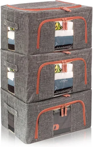 Paquete de 3 contenedores plegables de almacenamiento de ropa de 22 litros, apilables, con marco de acero, organizador con ventanas transparentes,