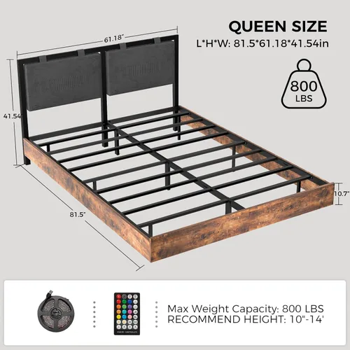 Miniatura 2 de LUCKLIFE Base de cama flotante tamaño Queen, con cabecero ajustable y luces LED inteligentes, marco de cama tapizado con luces RGB, cama de metal