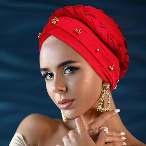 Miniatura 4 de 6 Pieces Women African Turban Head Wraps Caps Twisted Braid Beaded Elastic Wrap Cap