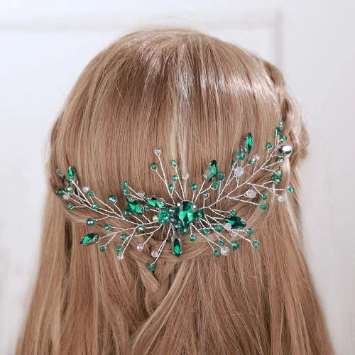 Miniatura 8 de Aimimier Peine para el cabello de cristal verde nupcial, con diamantes de imitación esmeralda, vid de graduación, fiesta, festival, boda, accesorios