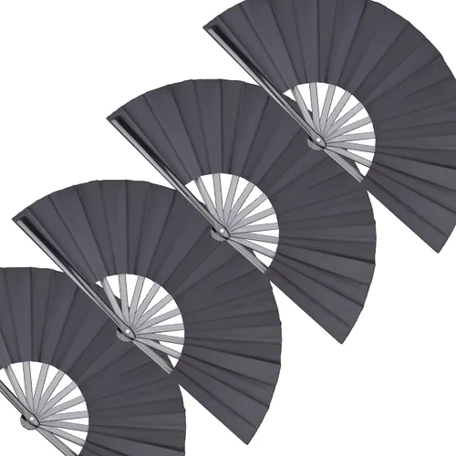 Paquete de 4 ventiladores de mano plegables grandes, ventilador chino negro de Kung Fu Tai Chi, ventilador de tela de nailon para hombres y mujeres,