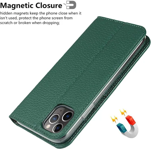 Miniatura 7 de iCoverCase Compatible con iPhone 11 Pro Max, funda magnética de piel auténtica con bloqueo RFID, correa para la muñeca y ranuras para tarjetas, Verde