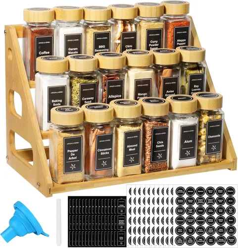 Organizador de especias de bambú de 3 niveles con 18 tarros de especias, 780 etiquetas, estante de madera, marcador de tiza y juego de embudo para