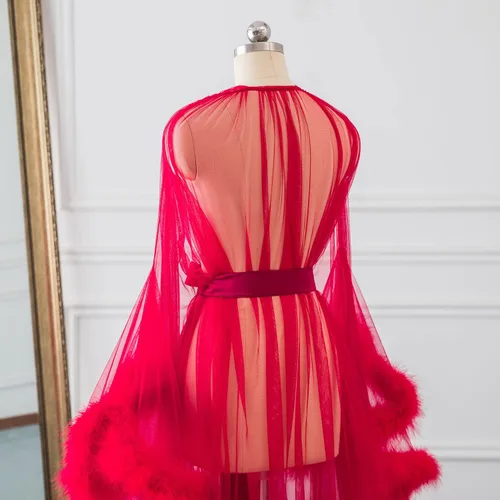 Miniatura 7 de Changuan Sexy pluma bata larga piel tul maternidad sesión de fotos vestido nupcial bata lencería ropa de dormir