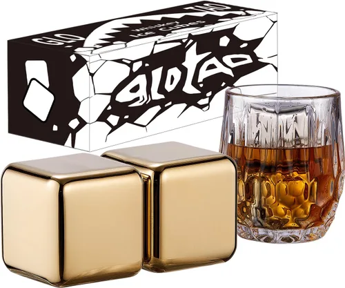 Juego de 2 piedras de whisky grandes de 64 cm³ (4 cu in) – Juego de regalo para hombre – Cubos de esferas de hielo de metal reutilizables de acero
