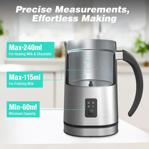 Miniatura 4 de HAUSHOF Espumador de leche, espumador de leche eléctrico 4 en 1 y vaporizador, gran capacidad, máquina de chocolate caliente, máquina automática