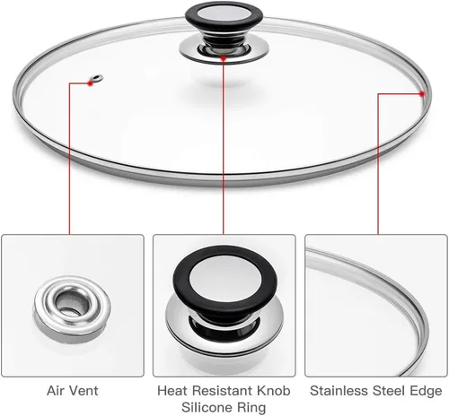 Miniatura 3 de Tapa de vidrio para sartén, sartén, sartén y tapa de sartén con mango recubierto de anillo de silicona, 9.5 pulgadas, transparente