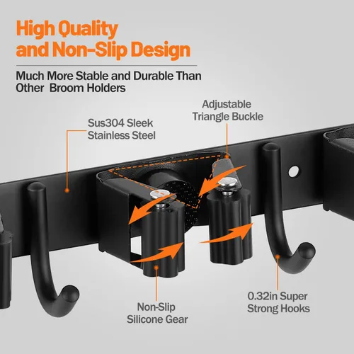 Miniatura 4 de Soporte de pared para escoba, organizador de escoba de acero inoxidable, soporte de escoba y escoba montado en la pared, resistente colgador