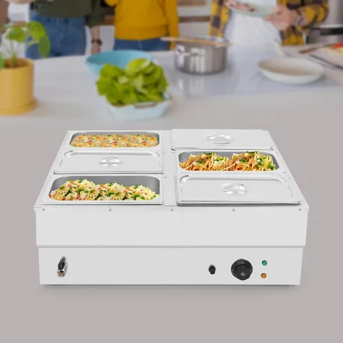 Miniatura 2 de Calentador de alimentos eléctrico para encimera de 6 sartenes, mesa de vapor para buffet comercial de acero inoxidable con 6 cubiertas de acero
