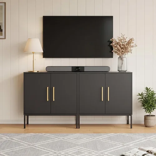 LYNSOM Soporte de TV para TV de 55 pulgadas, mesa consola multimedia con 2 gabinetes, almacenamiento para dormitorio, sala de estar, sala de Negro