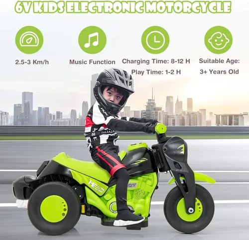 Miniatura 4 de OLAKIDS Motocicleta para niños, coche eléctrico de 6V con función automática de burbujas, pedal de pie, faro, música, vehículo de 3 ruedas Manzana