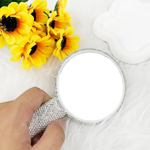 Miniatura 5 de LOPURO Espejo de mano con forma redonda de diamantes de imitación, espejo redondo de mano con diamantes de imitación, bonito espejo de mano
