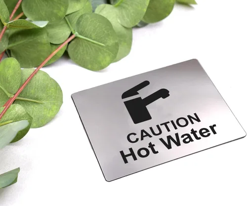 Miniatura 5 de Caution Hot Water, letrero para fregadero con adhesivo en la parte posterior, plateado metálico grabado en negro con símbolo de icono universal