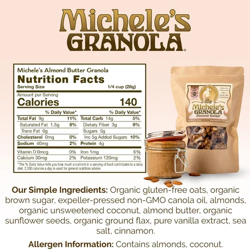 Miniatura 2 de Michele's Granola Mantequilla de almendras, hecha a mano, grano entero, vegano, sin gluten y sin OGM, bolsas resellables de 12 onzas, paquete de 6