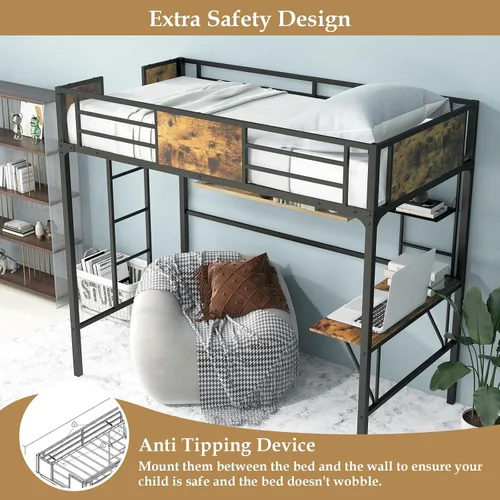 Miniatura 5 de Giantex Cama alta de metal tamaño individual con escritorio y estante de almacenamiento, marco de cama alta resistente con escalera integrada